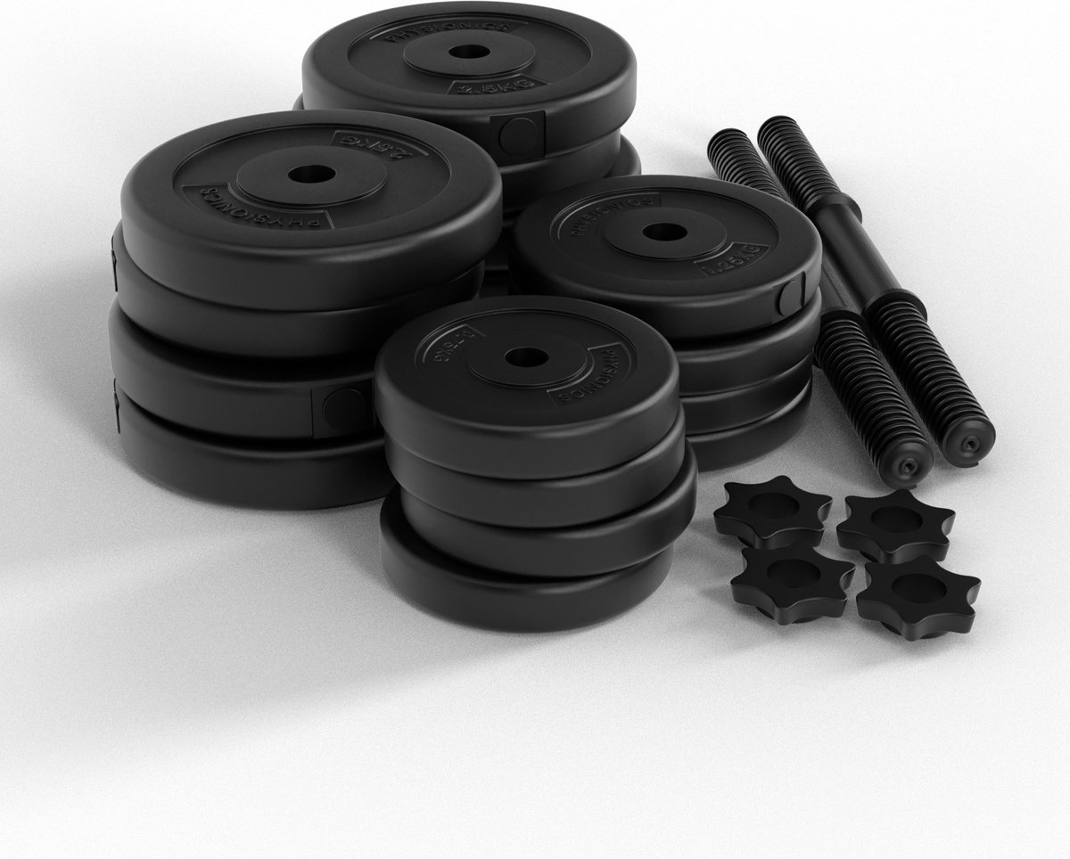 Physionics® Halter/krachtgewicht - 30 kg (2 x 15 kg), kunststof coating, 2 korte stalen stangen en 4 stersluitingen - gewicht, schijven voor fitness, korte halterset Physionics® Halter/krachtgewicht - 30 kg (2 x 15 kg), kunststof coating, 2 korte stalen stangen en 4 stersluitingen - gewicht, schijven voor fitness, korte halterset