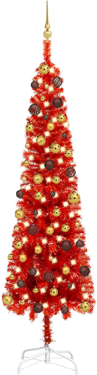 Prolenta Premium - Kerstboom met LED's en kerstballen smal 240 cm rood
