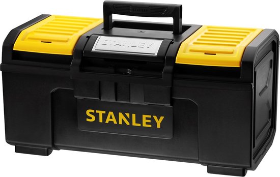 Zwarte Stanley gereedschapskoffer met gele deksels en handvat, gesloten.