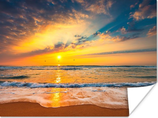 Poster Zonsondergang - Strand - Zee - Wolken - Oranje - 80x60 cm