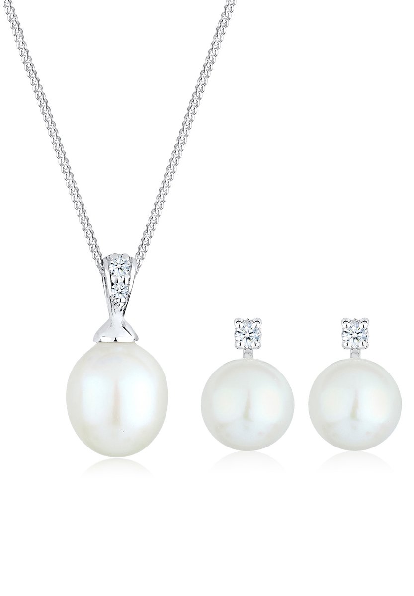 Elli PREMIUM Dames Sieraden Set Dames Zoetwater Gekweekte Parel met Diamant (0.10 ct.) in 925 Sterling Zilver