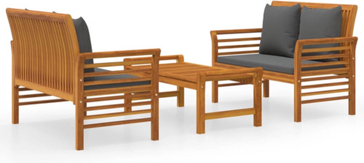 vidaXL 3-delige - Loungeset - met - kussens - massief - acaciahout Donkergrijs