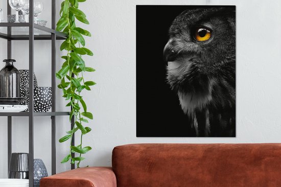 Peinture sur toile - Hibou - Vogel - Zwart - Peintures sur toile - Toile animaux - Toile canvas - 60x80 cm - Décoration murale - Salon