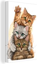 Canvas - Illustratie - Kittens - Katten - Dieren - Tekening - Canvas schilderij - 20x30 cm - Kamer decoratie