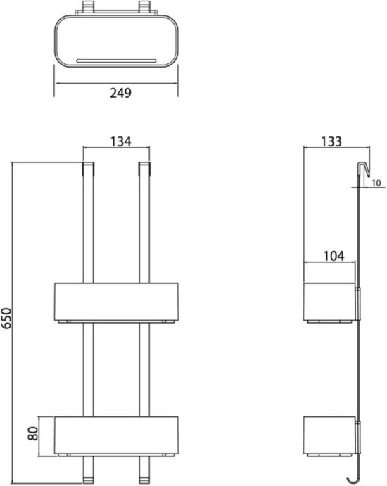 Dessin technique de l'organisateur de douche noir Tiger 2-Store avec dimensions.