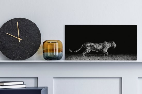 Peinture sur toile - Animaux sauvages - Léopard - Herbe - Zwart - Wit - Canvasdoek - 40x20 cm - Photo sur toile - Décoration murale