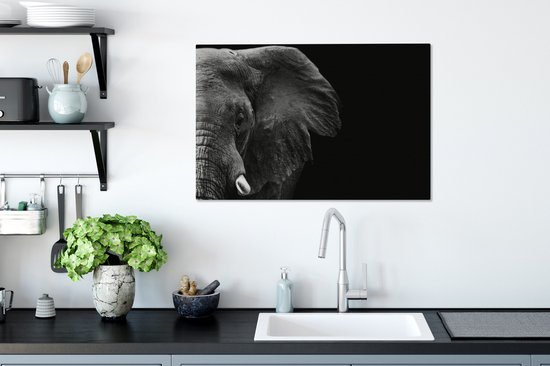 Peinture sur Toile - Animaux Sauvages - Éléphant - Zwart - Wit - Décoration murale - Toile - 60x40 cm - Canvasdoek sur Toile - Salon