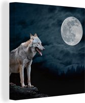 Canvas schilderij - Wilde dieren - Wolf - Maan - Bos - Natuur - Wanddecoratie - Canvas - 20x20 cm - Canvas doek - Woonkamer