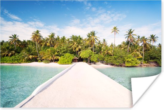 Pier naar tropisch eiland in de Maldiven Poster 180x120 cm - Foto print op Poster (wanddecoratie woonkamer / slaapkamer) / Zeeën en meren Poster / Zee en Strand XXL / Groot formaat!