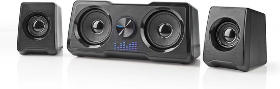 Zwarte 2.2 kanaals Nedis gaming speakers met verlichting en dubbele bas.