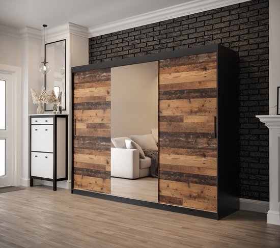 InspireMe - Armoire avec 3 portes coulissantes, Style moderne, Une armoire avec des étagères et un miroir (LxHxP): 250x200x62 - ALTER T1 250 Zwart Mat + Bois Old Style