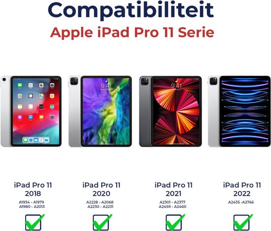 Compatibiliteit met de Apple iPad Pro 11-serie van 2018, 2020, 2021 en 2022. Vier iPads met vinkjes eronder.