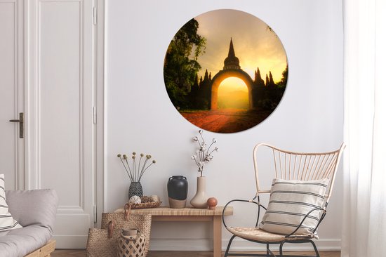 Lever de soleil à travers une arche de pierre. Cercle mural en aluminium ⌀ 140 cm