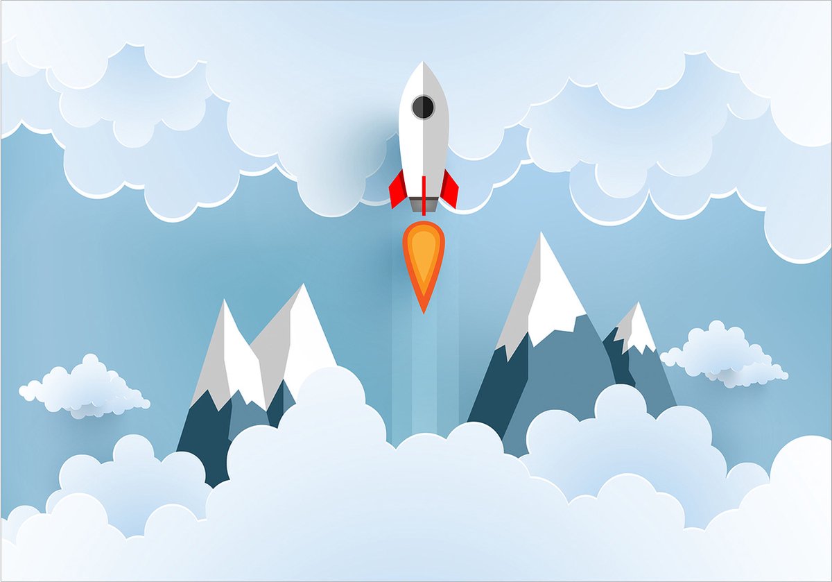 Fotobehangkoning - Behang - Vliesbehang - Fotobehang - Raket in de Wolken - Rocket in the Clouds - 200 x 140 cm