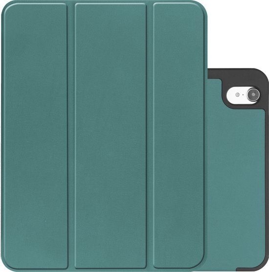 Étui de tablette vert foncé à triple pli, l'arrière d'un iPad est visible.
