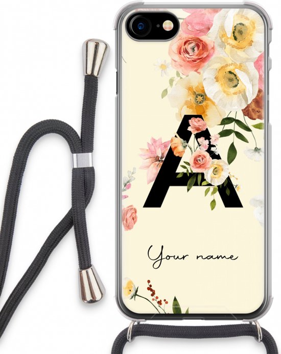 Gepersonaliseerd - Case Company® - Hoesje met koord geschikt voor iPhone SE 2020 hoesje met Koord - Flirty Flowers Monogram - Telefoonhoesje met Zwart Koord - Extra Bescherming aan alle Kanten en Over de Schermrand