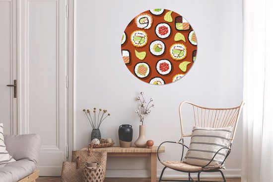 WallCircle - Wall Circle - Wall Circle - Illustration Sushi sur Fond Marron - Aluminium - Dibond - 90x90 cm - Intérieur et Extérieur