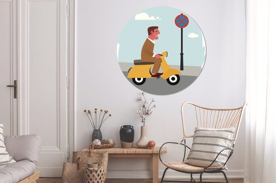 Illustration d'un homme sur une Vespa Wall cercle aluminium ⌀ 120 cm - tirage photo sur cercle mural / cercle vivant / cercle jardin (décoration murale) XXL / Groot format!
