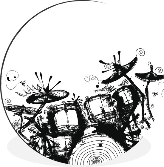 WallCircle - Wandcirkel - Muurcirkel - Zwart-wit illustratie van een drumstel - Aluminium - Dibond - ⌀ 60 cm - Binnen en Buiten