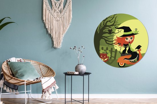 Illustration d'une sorcière sur un mur Vespa cercle aluminium ⌀ 90 cm - tirage photo sur cercle mural / cercle vivant / cercle jardin (décoration murale)