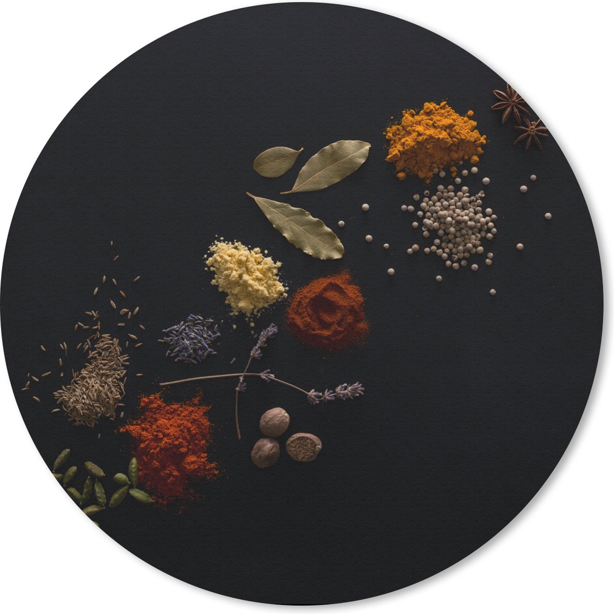 Muismat Kruiden en Specerijen - Verschillende kruiden tegen zwarte achtergrond Muismat rond - 30x30 cm - Muismat met foto