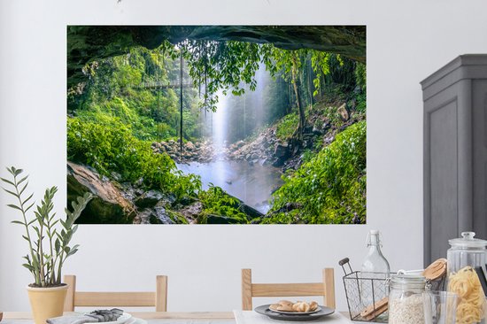 Sticker Muursticker Jungle - Photo de forêt tropicale avec cascade - 120x80 cm - feuille autocollante - sticker mural repositionnable