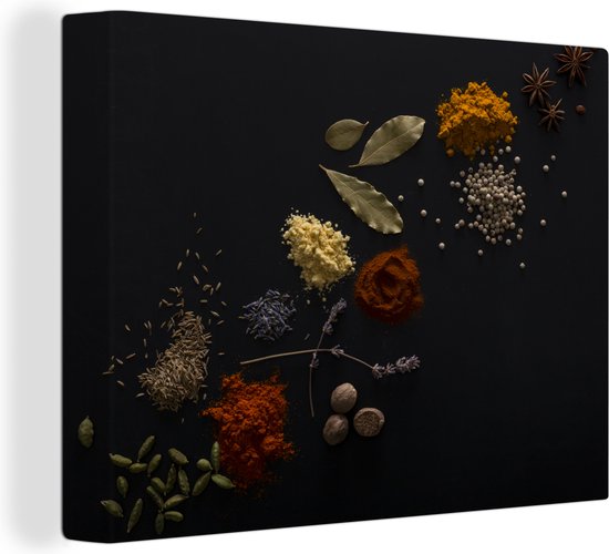 Canvas Schilderij Kruiden - Zwart - Specerijen - Keuken - Koken - 80x60 cm - Wanddecoratie