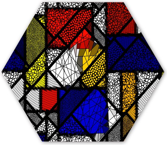 Hexagon wanddecoratie - Kunststof Wanddecoratie - Hexagon Schilderij - Mondriaan - Glas in lood - Oude Meesters - Kunstwerk - Abstract - Schilderij - 120x103 cm