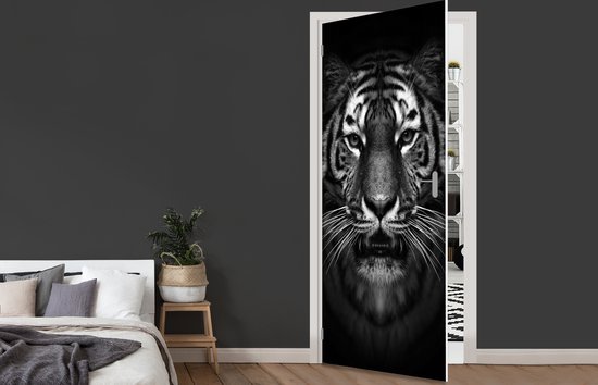 Sticker pour porte Tigre - Animaux - Zwart - Wit - Portrait - Sauvage -  90x215 cm -... | bol.com