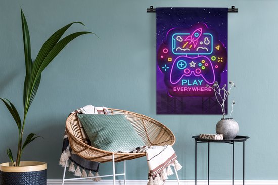 Tapisserie - Tapisserie - Gaming - Néon - Play - Blauw - Nuit - Manette - 60x90 cm - Tapisserie