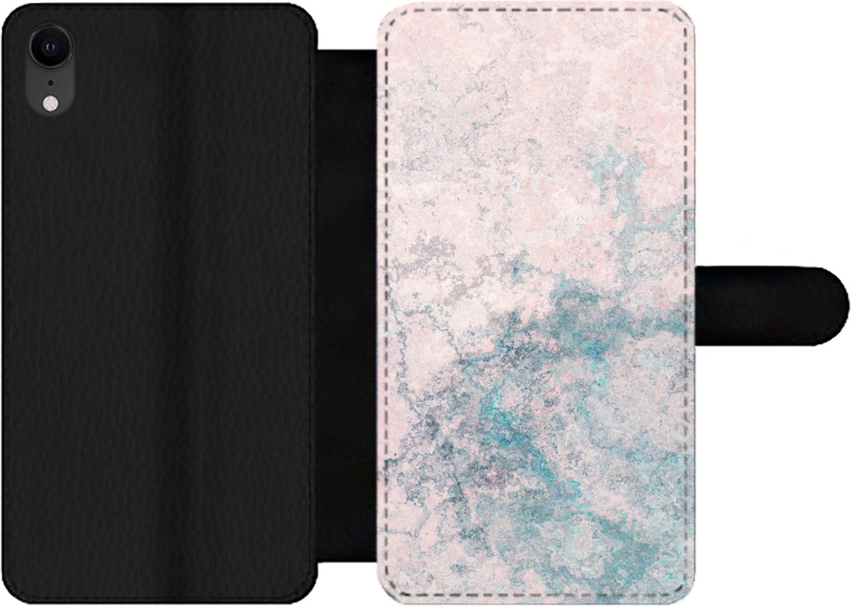 Telefoonhoesje Geschikt voor iPhone XR telefoonhoesje - Cement - Beton print - Retro - Industrieel - Wit - Blauw - Met vakjes - Wallet case met magneetsluiting