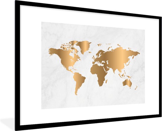 Poster in lijst - Fotolijst 120x80 cm - Posters - Wereldkaart - Goud - Marmerlook - Luxe - Design - Posterlijst zwart - Decoratie - Wanddecoratie woonkamer - Muurdecoratie slaapkamer