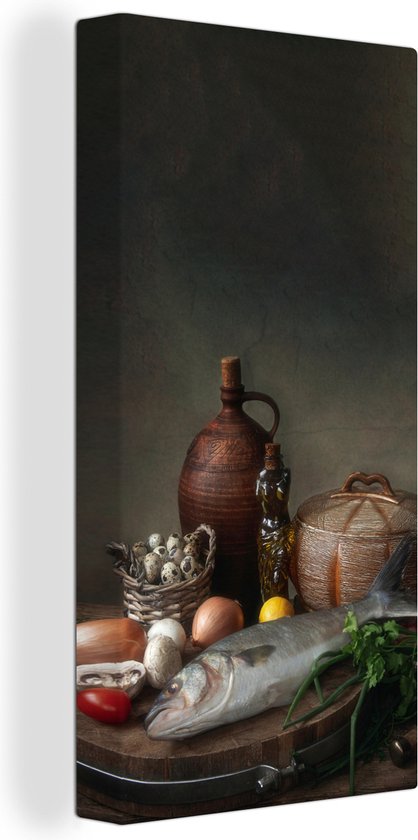 Peinture sur toile rustique - Poisson - Nature morte - Légumes - Herbes - 40x80 cm - Décoration murale