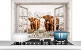 Spatscherm keuken 100x65 cm - Kookplaat achterwand Doorkijk - Schotse hooglander - Dieren - Muurbeschermer - Spatwand fornuis - Hoogwaardig aluminium - Alternatief voor spatscherm glas