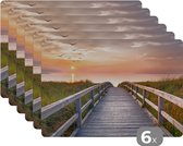 Placemat - Placemats kunststof - Zonsonderang - Zee - Pad - Gras - Duin - Vogels - 45x30 cm - 6 stuks - Hittebestendig - Anti-Slip - Onderlegger - Afneembaar