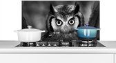 Spatscherm keuken 90x45 cm - Kookplaat achterwand Vogel - Uil - Portret- Zwart - Wit - Muurbeschermer - Spatwand fornuis - Hoogwaardig aluminium