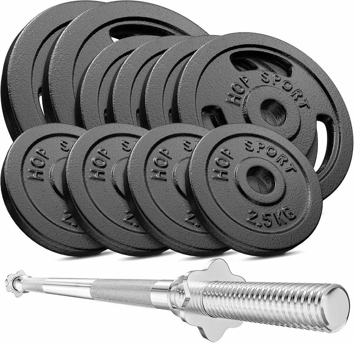 Hop-Sport 59 kg Gietijzeren Halterset met Lange Halterstang, Verstelbare Halterschijven van 30 mm, Duurzame Kwaliteit, Ideaal voor Krachttraining Thuis of in de Sportschool