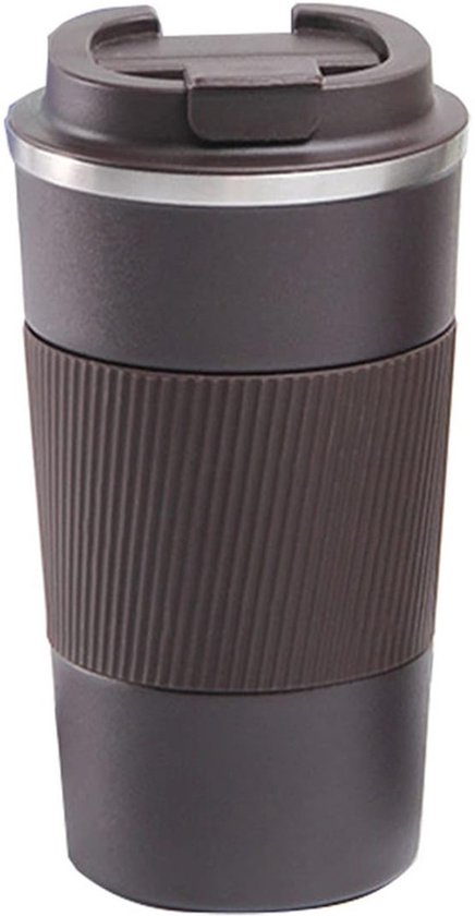 Donkerbruine thermobeker met geribde grip en zilveren ring.