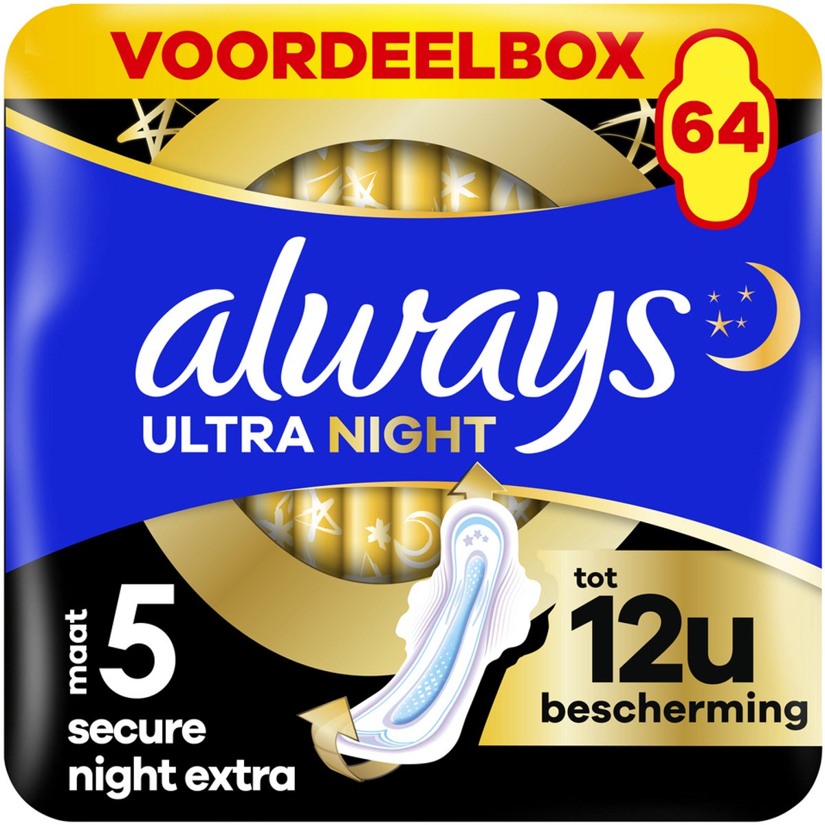 Goedkoopste Always Ultra Secure Night Extra - Maat 5 - Maandverband Met Vleugels - Voordeelbox 64 stuks