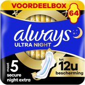 Bol.com Always Ultra Secure Night Extra - Maat 5 - Maandverband Met Vleugels - Voordeelbox 64 stuks aanbieding