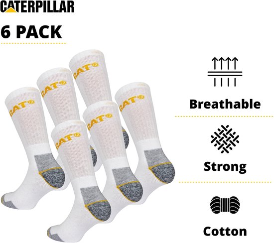6 paar witte Caterpillar werksokken met grijze en gele versteviging bij de hiel en teen. CAT logo op de schacht.
