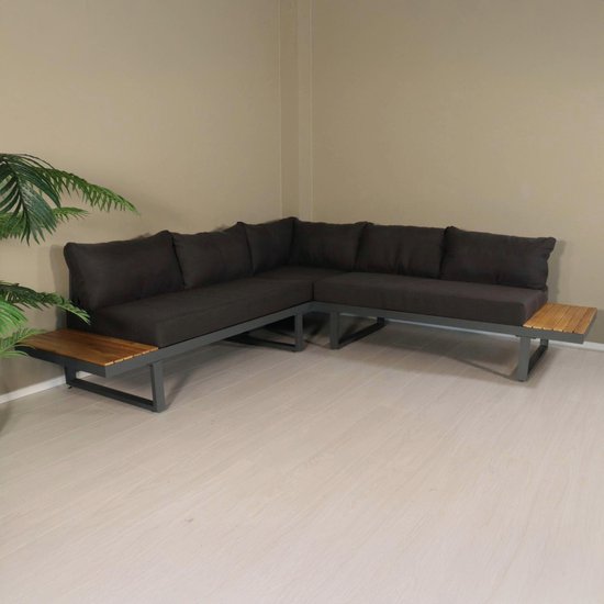 Ensemble de salon 5 places en aluminium et bois d'acacia anthracite canapé d'angle Darcio salon d'angle