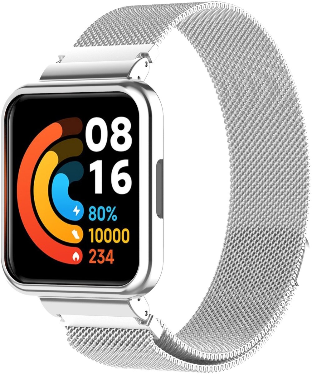 By Qubix - Milanese bandje met case - Zilver - Geschikt voor Xiaomi Redmi Watch 2 (Lite)