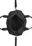 Zwarte leren Burkely bowler tas, van bovenaf getoond met open rits en zwart interieur.