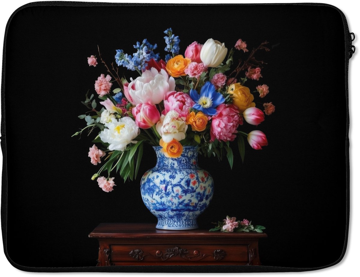 Laptophoes 15.6 inch - Rozen - Bloemen - Vaas - Boeket - Laptop sleeve - Binnenmaat 37x26 cm - Zwarte achterkant