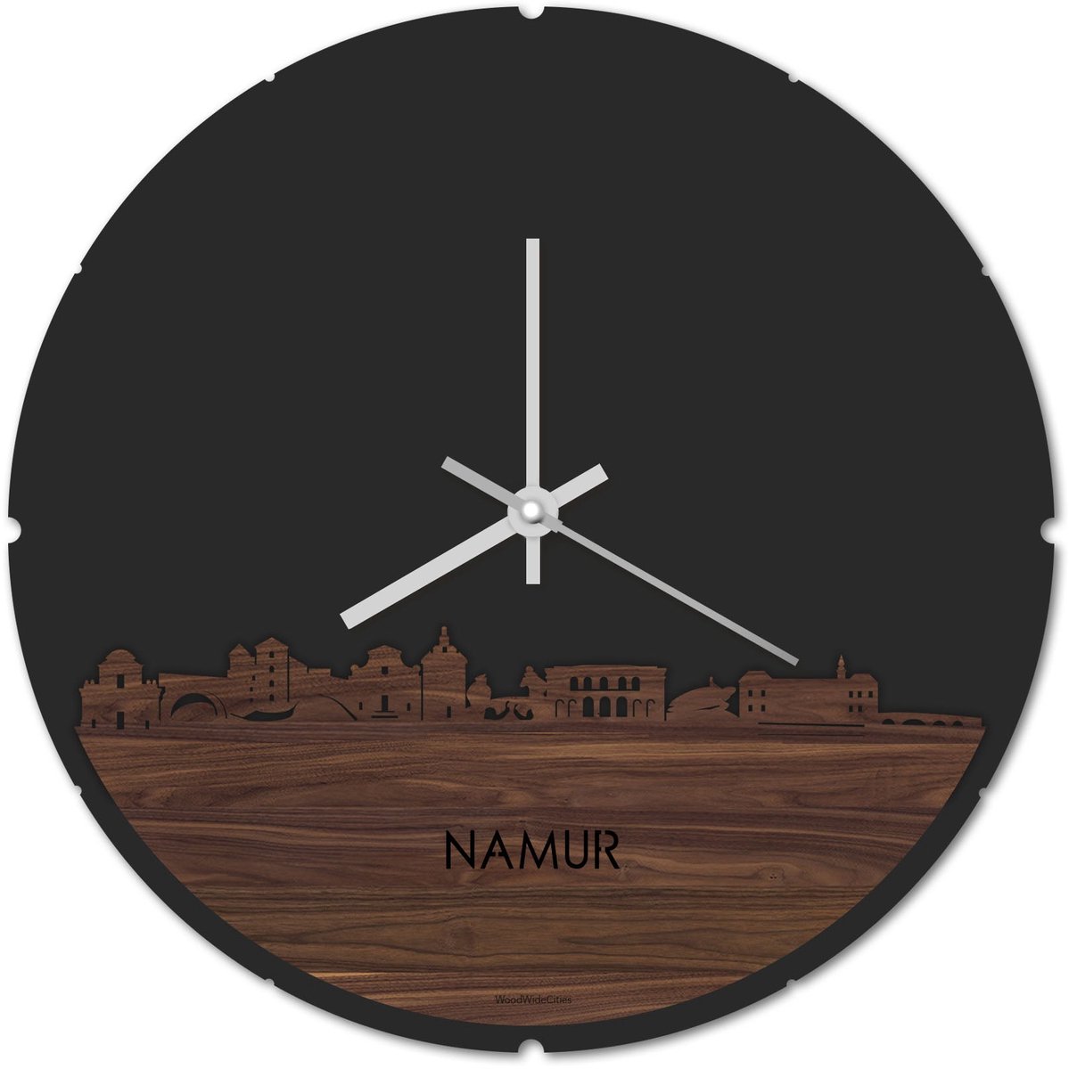 Skyline Klok Rond Namur Notenhout - Ø 44 cm - Stil uurwerk - Wanddecoratie - Meer steden beschikbaar - Woonkamer idee - Woondecoratie - City Art - Steden kunst - Cadeau voor hem - Cadeau voor haar - Jubileum - Trouwerij - Housewarming -