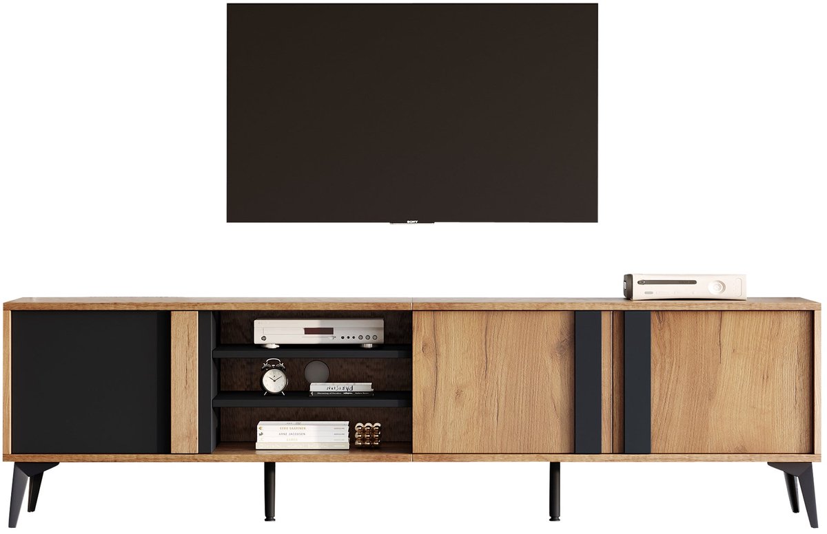 Merax TV-Meubel 180 cm - Geschikt voor TV's tot 80 Inch - Rustiek Bruin - Met Deuren en Open Opbergvakken Bruin; Zwart