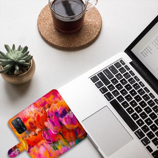 Étui pour téléphone portable OPPO A16/A16s | Couverture OPPO A54s avec des tulipes de texte