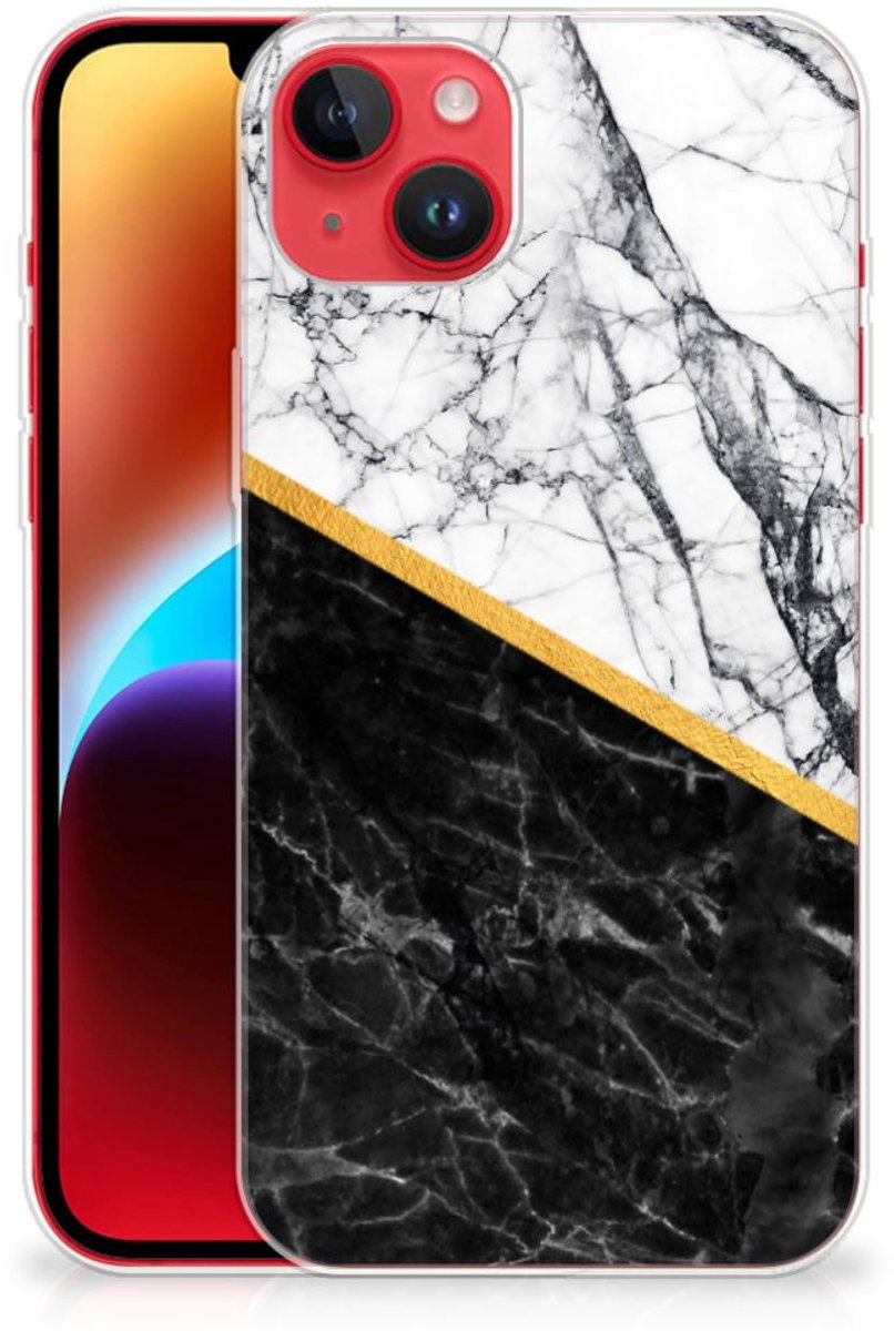 iPhone 14 Plus TPU Siliconen Hoesje Marmer Wit Zwart - Origineel Cadeau Man