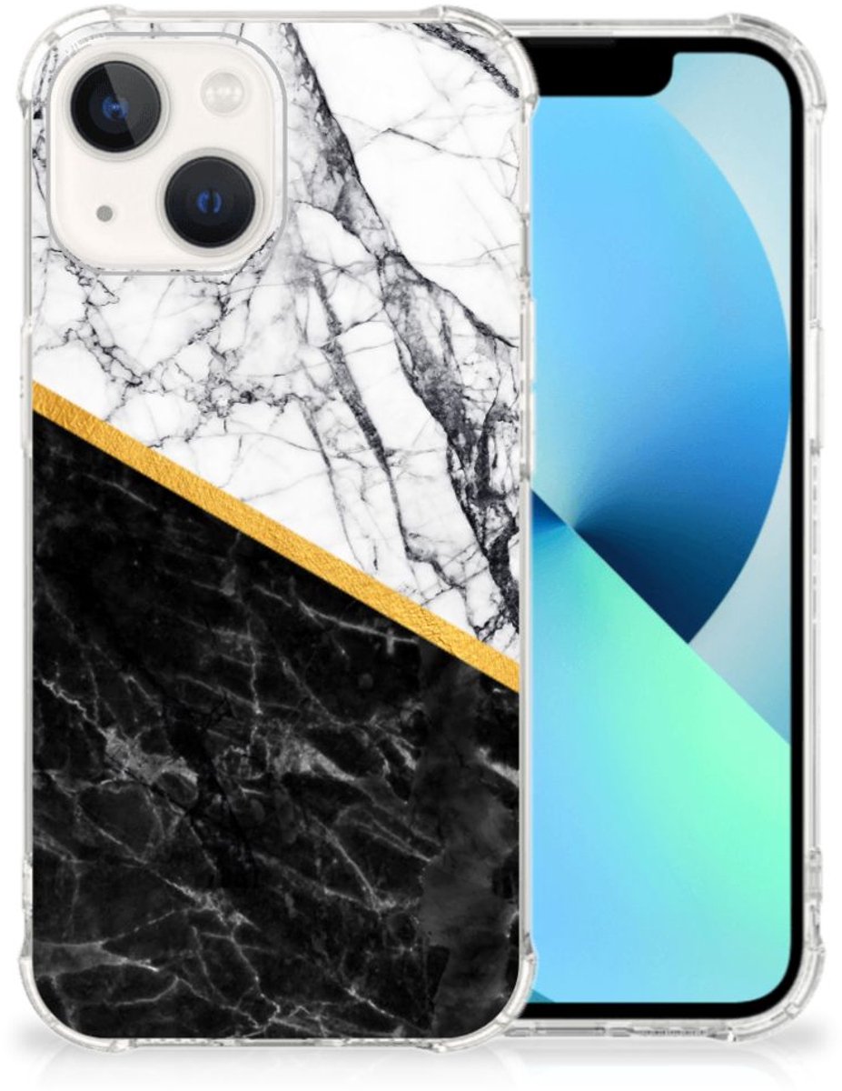 iPhone 13 Anti-Shock Hoesje Marmer Wit Zwart - Origineel Cadeau Man